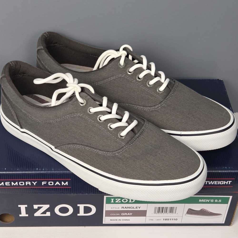 IZOD Rangley Sneakers Mens 9.5 Gray Canvas Memory Foam Low Top Shoes NEW